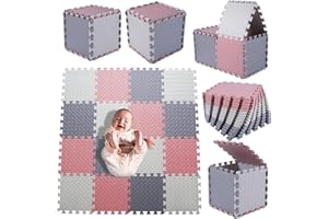 Coolcandy Foam Play Mat(16 Pcs/Set), Multi-Colored Play Mat for Baby, EVA Non-Toxic Interlocking Foam Puzzle Floor Mats, 0.4" Thick Square Kids Playmat for 47 * 47" Playpen(White/Gray/Lori Pink)