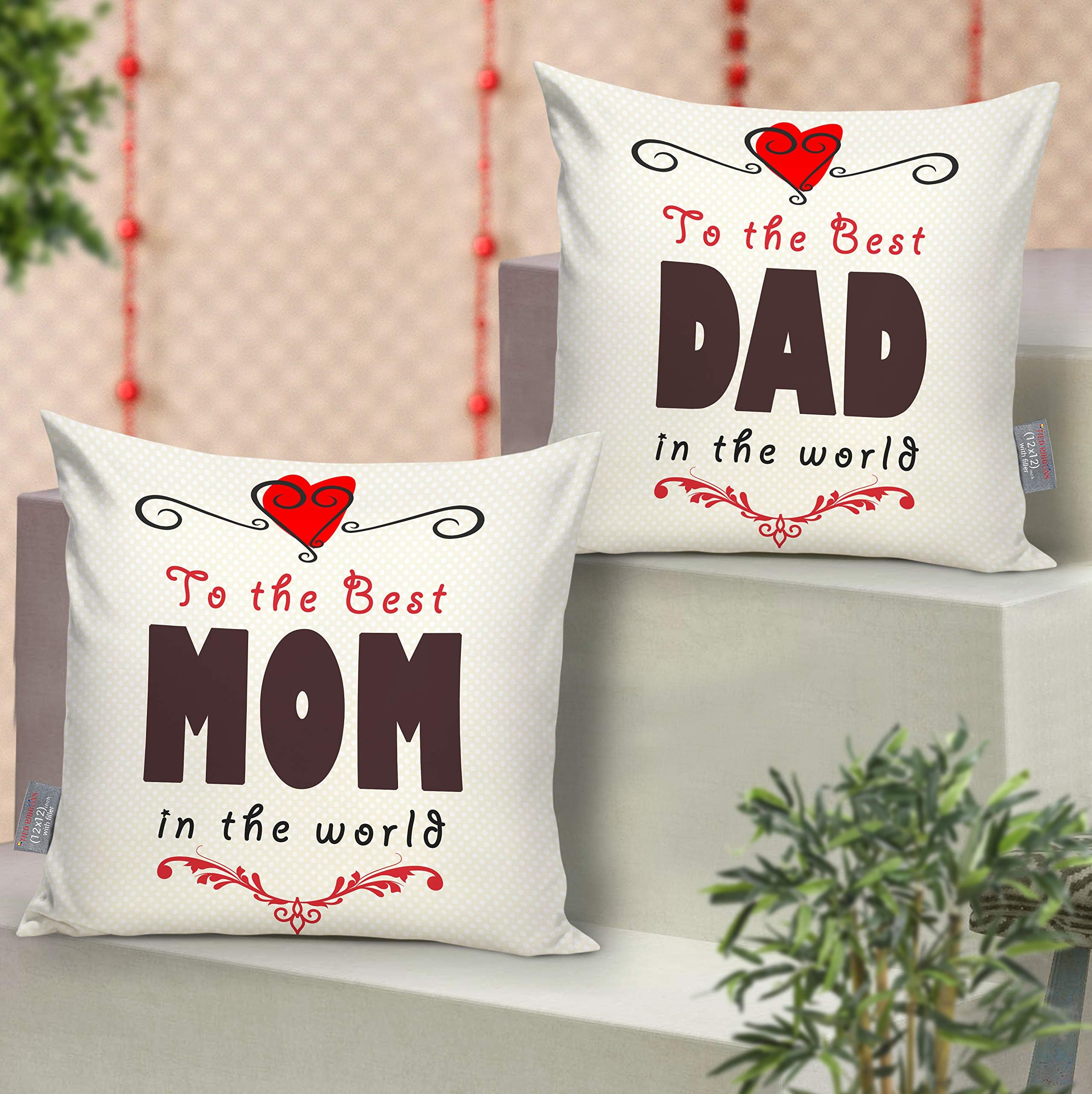 TIED RIBBONS Satin Printed Cushion with Filler Best Gifts for Mom Dad (12 Inch X 12 Inch, Set of 2, Grey).
