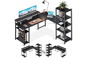 ODK L Shaped Desk with Monitor Stand, 61 Inch Home Office Desks with Storage Printer Shelves, Reversible Corner Gaming Desk with Bookshelf for Bedroom, Black