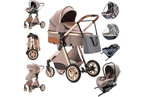 Zkiprm 3 in 1 Baby Stroller, Stroller Combo with One Click Folding, Infant Carrier, Adjustable Bassinet, Reversible Seat, Ultra-light Aluminum Frame, Sunshade, Bag (khakigold)
