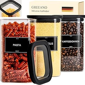 Greeano Vorratsgläser eckig mit Glasdeckel 1200ml [3er Set] – Vorratsdosen Glas luftdicht & mottensicher – Aufbewahrungsgläser Küche für Lebensmittel, Nudeln, Mehl, Müsli, Kaffee