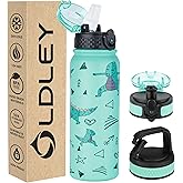OLDLEY Insulated Water Bottle 20oz Water Bottles with Straw, Stainless Steel Water Bottle with 3 Lids, Double Wall Vacuum Bottles for Adult Kids, Sports Bottles for School Travel, Cute Dinosaur