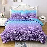 JQinHome Glitter Comforter Set Twin Size,6 Piece Bed in A Bag 3D Colorful Ombre Bedding Set for Girls Kids(1 Comforter,2 Pillowcases,1 Flat Sheet,1 Fitted Sheet,1 Cushion Cover)(Blue Purple)