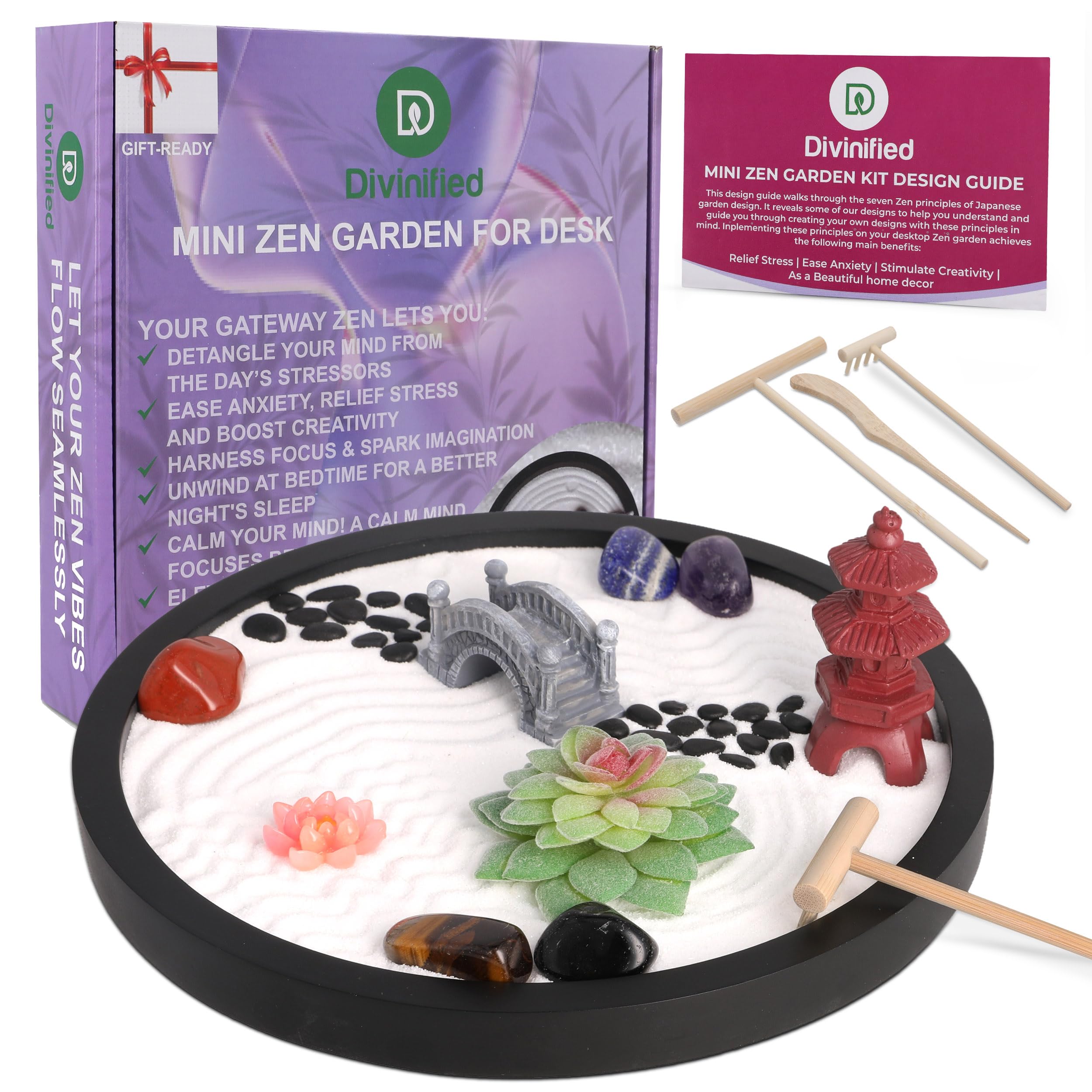 Zen Kit D DIVINIFIED Mini Zen Garden for Desk, Sand Tray Therapy Kit, Tharapy ...
