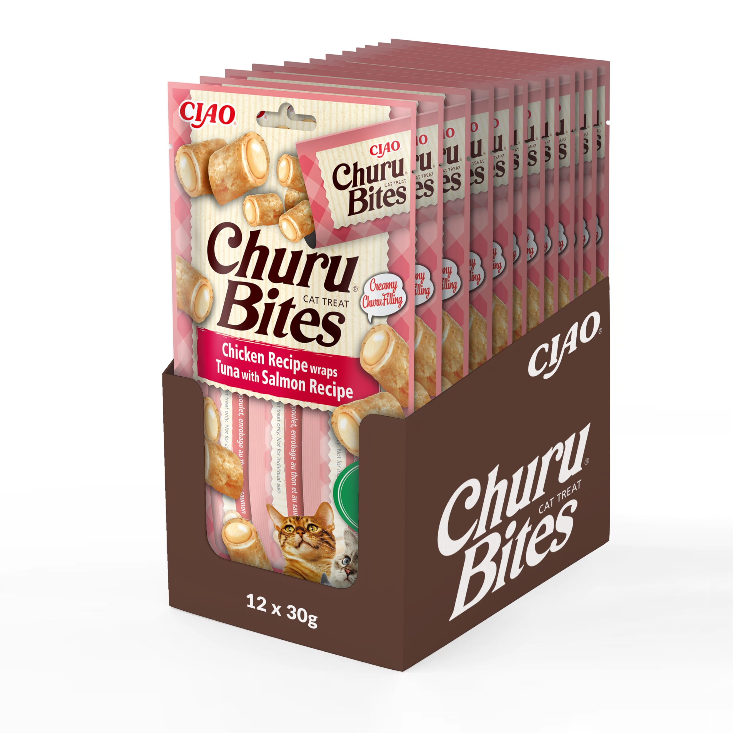 Ciao Churu Bites by INABA Cat Treat - Chicken, Tuna & Salmon Flavour 12 Pack (36 x 10g) / Crispy Pouches with Creamy Filling, Delicious & Healthy Snack for Cats, Hand Feeding, Natural, Grain Free