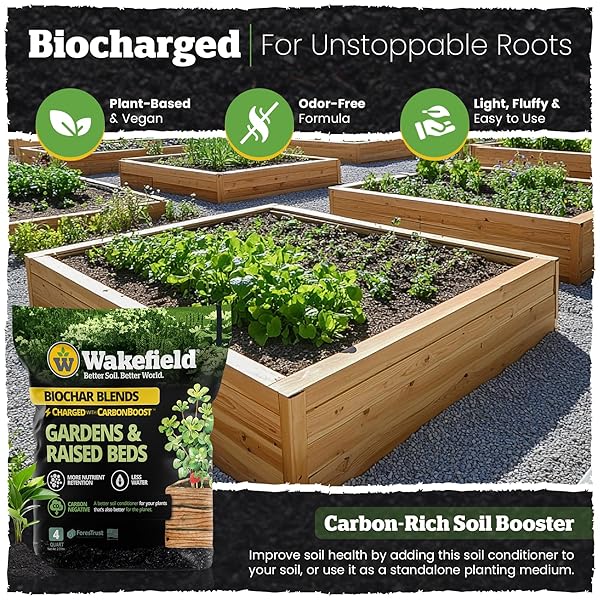 WAKEFIELD BIOCHAR BLEND WITH CARBONBOOST™ TECHNOLOGY – ENHANCED WATER & NUTRIENT RETENTION FOR RAISED BED GARDEN SOIL – ULTIMATE ORGANIC POTTING SOIL MIX FOR VEGETABLES, GARDENS AND HOUSEPLANTS – 4QT