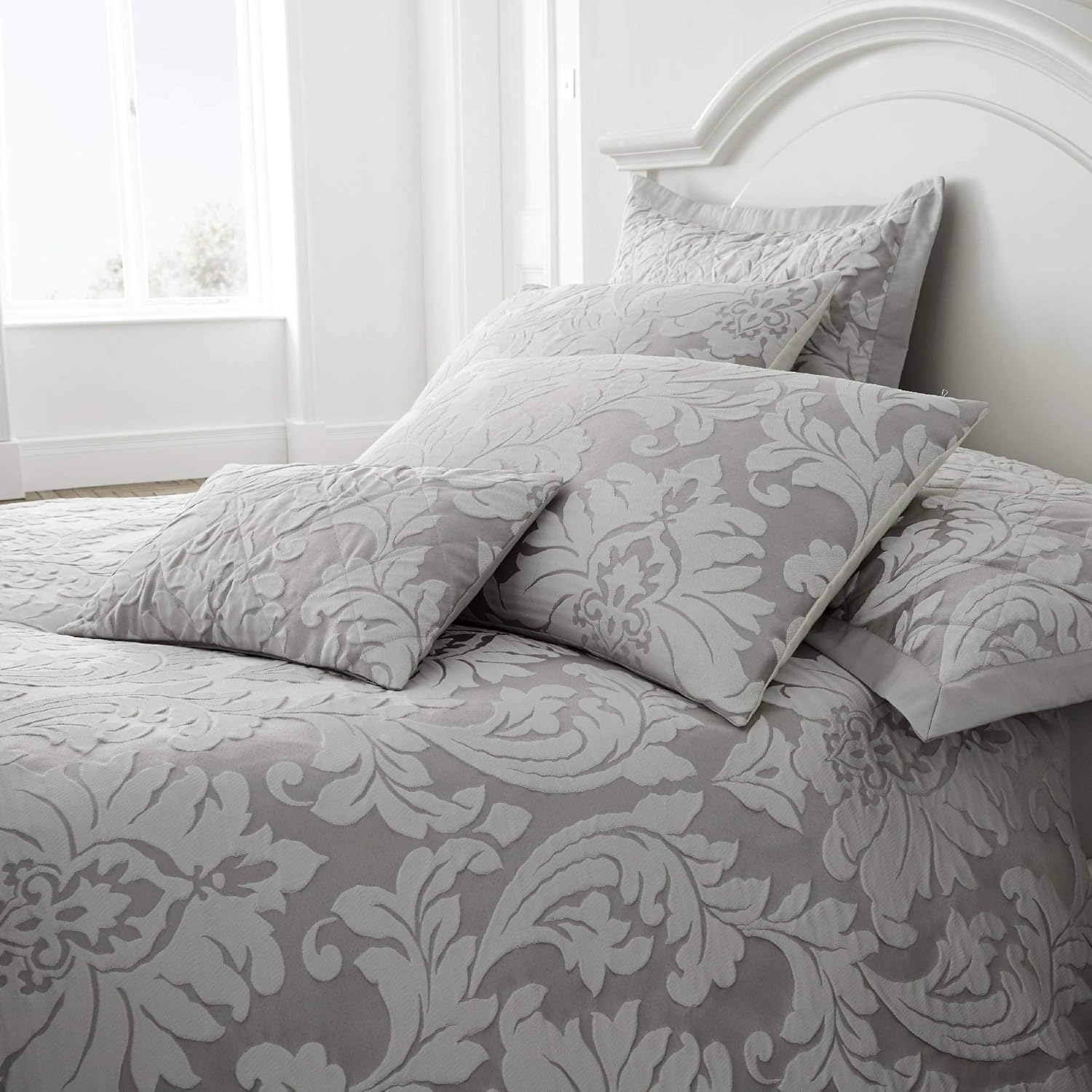 Happy Linen Company Luxury Jacquard Floral Damask Flock Slate Grey Boudoir Cushion Amazon.co.uk