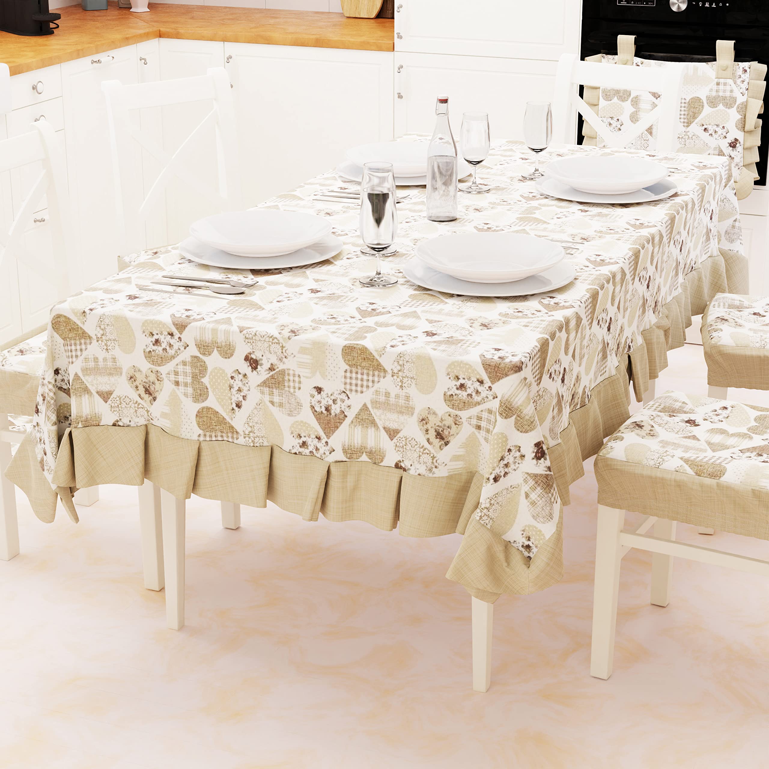 PETTI Artigiani Italiani - Rectangular Tablecloth, Plastic-Coated, 100% Cotton, Hearts Pattern, Beige, 140 x 240 cm, 100% Made in Italy