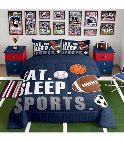 Chezmoi Collection - Juego De 4 Piezas De Sábanas Con Pelotas De Deportes Para Niños/adolescentes, Microfibra Suave, Azul Marino, Gris, Naranja, Blanco, Con Estampado De Fútbol, Fútbol Americano