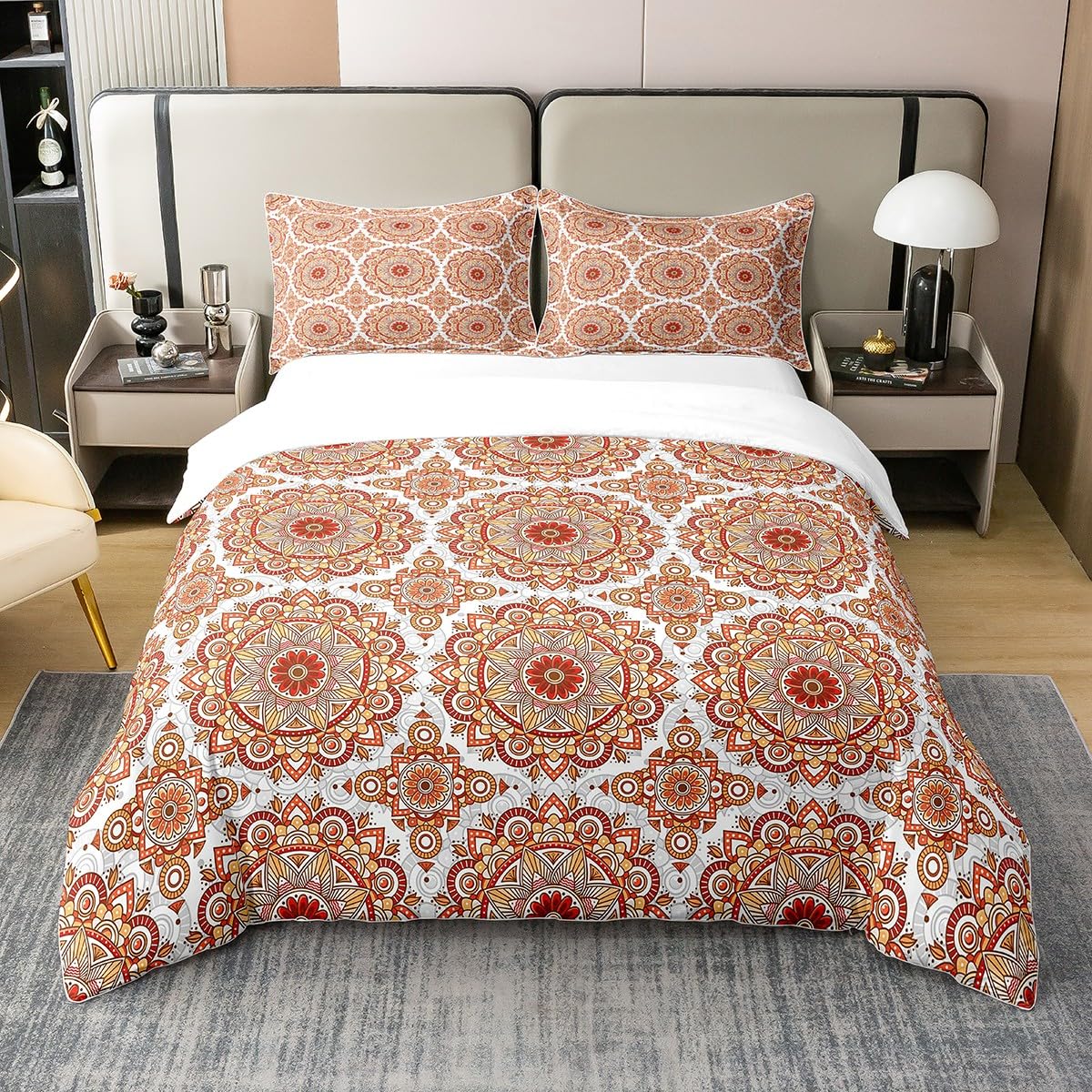 100% Organic Cotton Coral Medallion Bedding Set Double Boho Damask Floral Duvet Cover Bohemian Paisley Mandala Comforter Cover for Girls Teen Women,Luxury Soft Breathable Quilt Cover