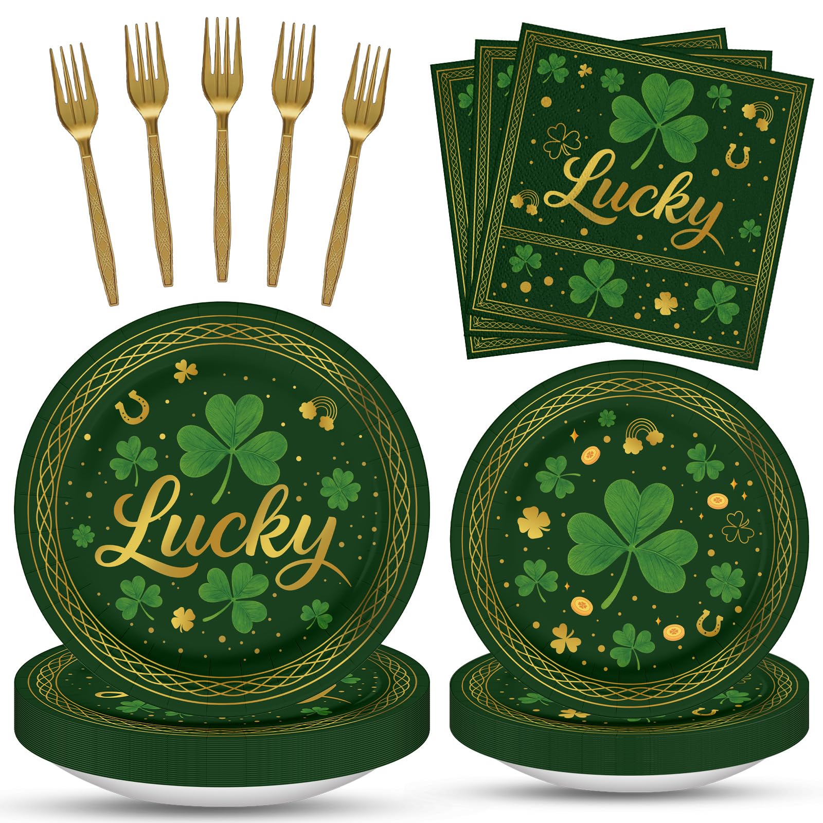 Photo 1 of 100 Pcs St. Patrick's Day Tableware Party Supplies, Serves 25, Disposable Green Clover and Lucky Design Paper Plates, Napkins, and Gold Forks, St. Paddy's Day Dinner, Irish or Spring Decorations
