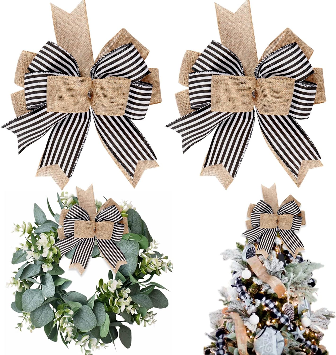 Bows & Ribbons - Hongsome 2 Pack Black White Stripe Burlap Fall Christmas Bows for Wreaths,12”x9.4”Rustic Farmhouse Crafts Bow for Gift Wrapping Tree Topper Wedding Holiday Wall Home Front Door Decorations
