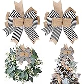 Hongsome 2 Pack Black White Stripe Burlap Fall Christmas Bows for Wreaths,12”x9.4”Rustic Farmhouse Crafts Bow for Gift Wrapping Tree Topper Wedding Holiday Wall Home Front Door Decorations