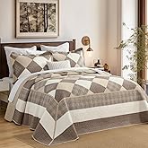 FineStichery Oversized King Bedspread Quilt 120" x 120", 100% Cotton Lightweight Quilted Bed Spreads Coverlet Set Farmhouse Bedding Cover, 3 Piece, Brown/Beige/Khaki