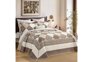 FineStichery Oversized King Bedspread Quilt 120" x 120", 100% Cotton Lightweight Quilted Bed Spreads Coverlet Set Farmhouse Bedding Cover, 3 Piece, Brown/Beige/Khaki
