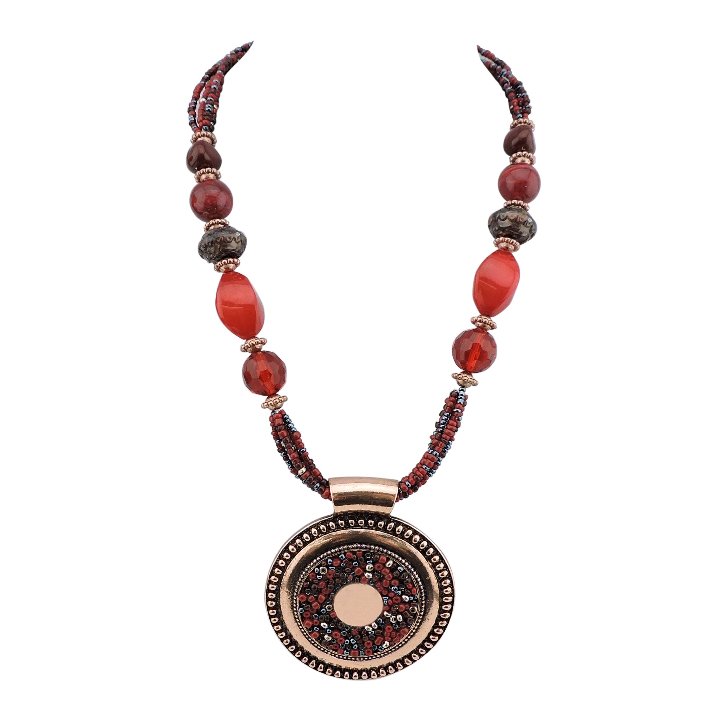Bocar Statement Aquamarine Seed Beads Chunky Collar Pendant Tassel Antique Gold Necklace (NK-10343-dark Red)
