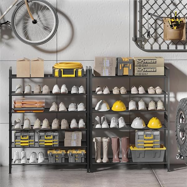 TIFFLOI STACKABLE SHOE RACK, 6 TIER METAL SHOES RACK STORAGE ORGANIZER,LARGE CAPACITY SHOE SHELF MAX HOLDS 30 PAIRS OF SHOES,STURDY AND STABLE, FOR CLOSET, ENTRYWAY,GARAGE，BLACK