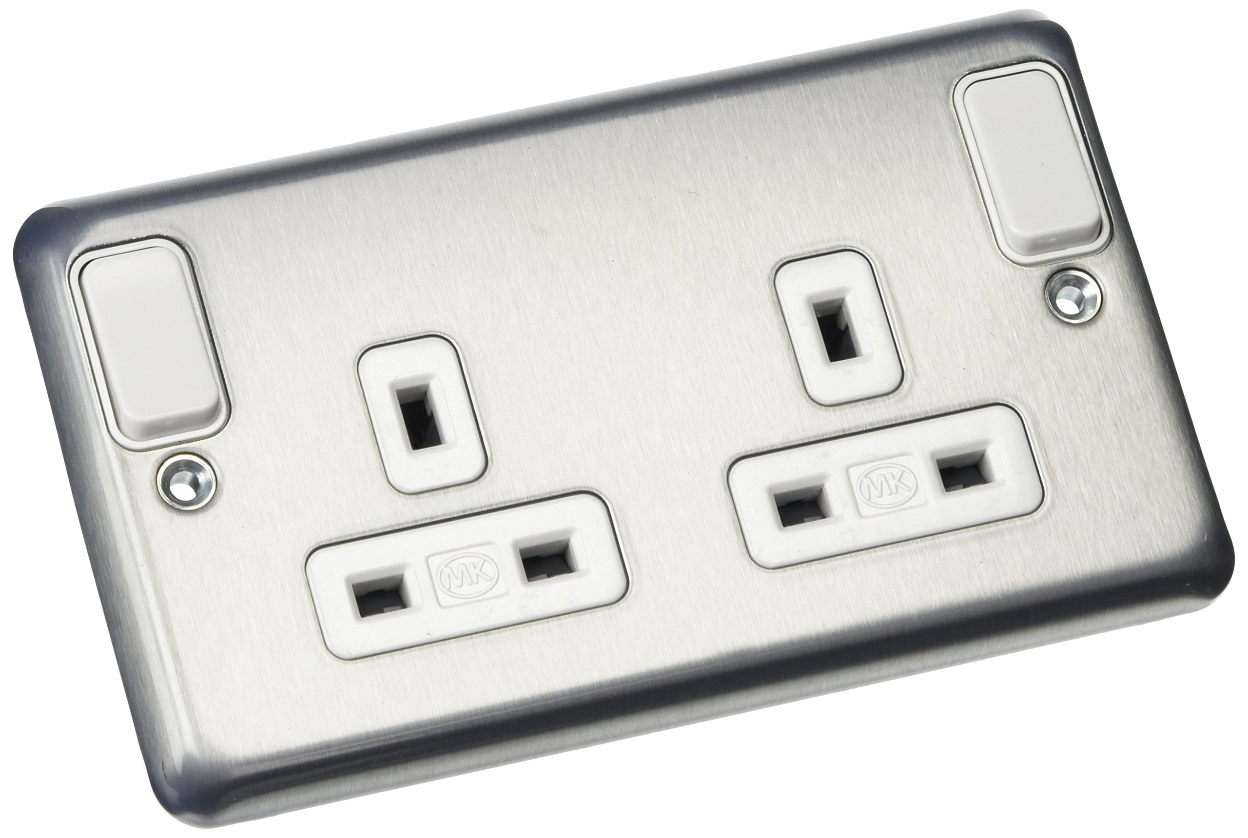 MK K2947BRC Double Switch Socket with Outboard Rockers/Dual Earth/Double Pole - Brushed Chrome