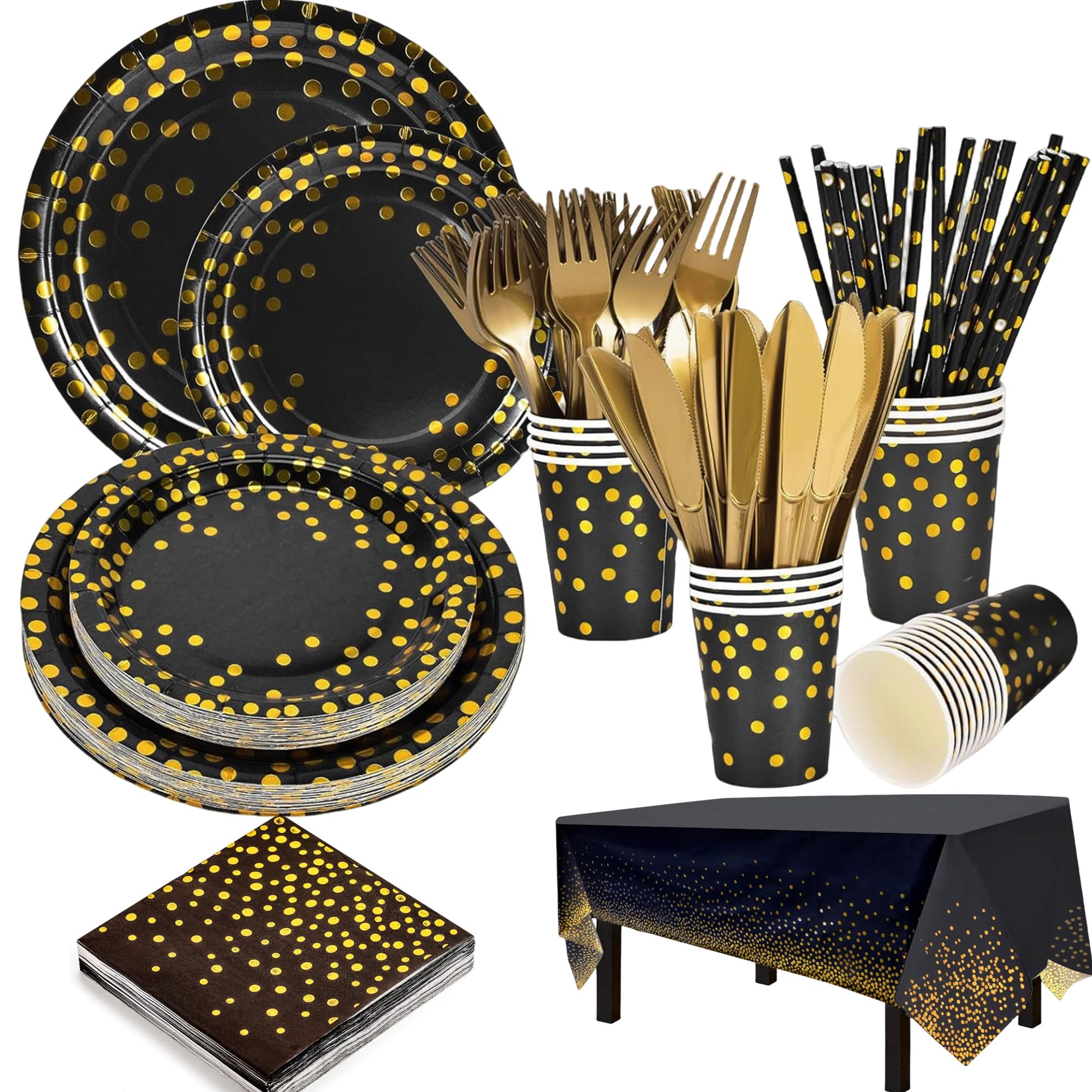View 1 of 129 PCS Black and Gold Party Supplies Dinnerware Set - Black/Gold Plate 7"/9",Black Paper Plates Napkins Cups, Gold Forks Knives for Graduation, Birthday, Christmas, New Year,Cocktail Partys