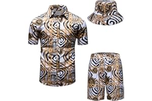 fohemr Mens Luxury Outfit Set Black Gold Shirts And Shorts 2 Piece Tracksuit Set Baroque Button Down Suit with Bucket Hats