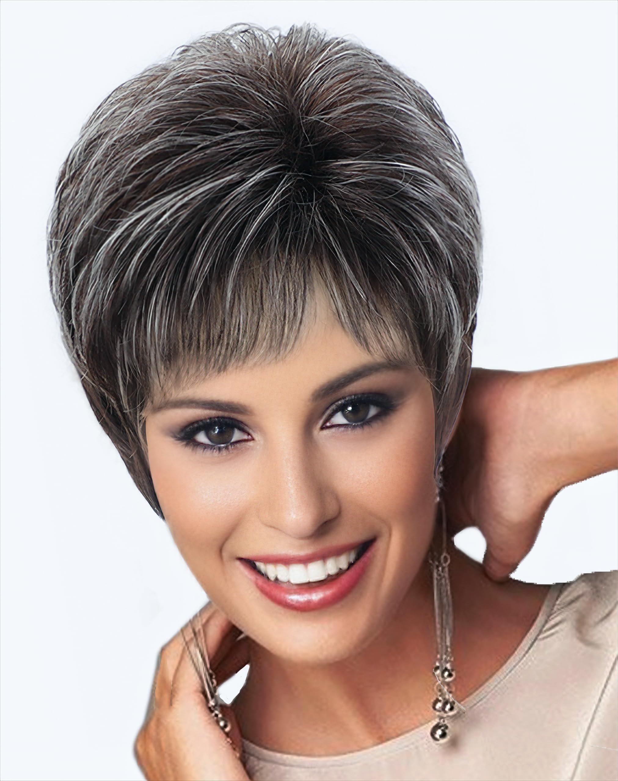 Photo 1 of SEVENCOLORS Short Pixie Wigs for Women Layered Natural Dark Brown Wigs with Grey Highlight Synthetic Hair Short Wig for White Women