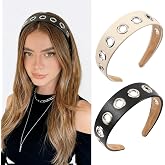 Grommet Headbands for Women, Wide Eyelet Headband with Holes(Black & Beige) | Gothic Non Slip Stretchy Hair Bands for Daily Casual & Party Wear, Suitable for Thin & Thick Hair, Punk Hair Accessories