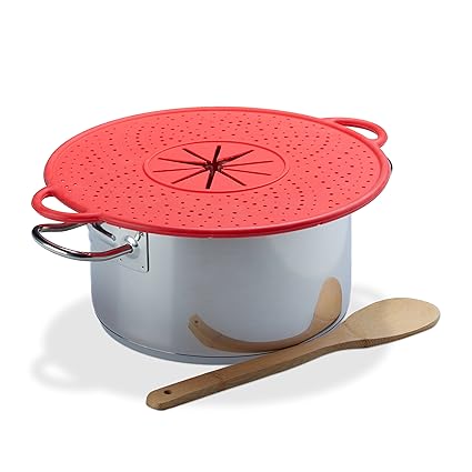 Relaxdays Überkochschutz Silikon, Spritzschutz & Untersetzer für Töpfe, hitzebeständig, pflegeleicht, 30 cm Ø, rot
