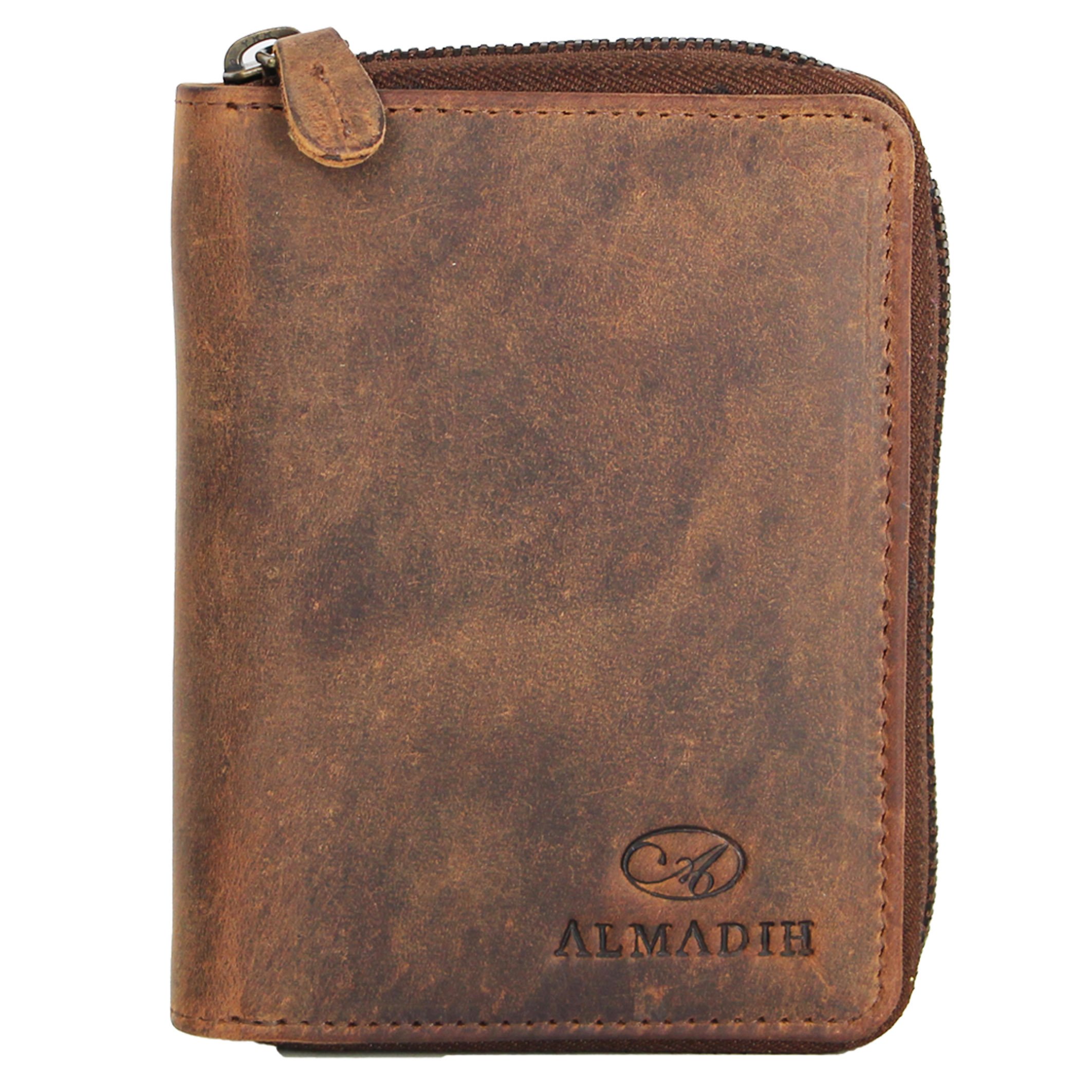 ALMADIH Leather Wallet Landscape Format 17 Card Slots with Zipper and Gift Box P2H-RV Brown Vintage Premium Cow Leather - Men Purse Credit Card Case Holder Coin Storage pouche ID Window Note case