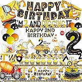 Construction Birthday Party Supplies for 2 Year Old Boy, 2nd Birthday Decorations For Boys, include- Backdrop, Cake, and Cupcake Toppers, Balloons, Cupcakes Wrappers, Banner