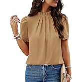 BTFBM Women Blouses 2026 Dressy Casual Summer Tops Mock Neck Lace Trim Short Sleeve Business Work Shirts Spring Clothes