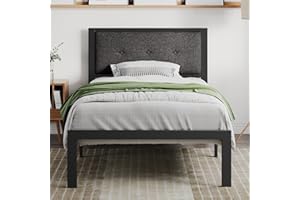 SHA CERLIN Twin Size Bed Frame with Upholstered Headboard, Platform Bed Frame with Metal Slats, Button Tufted Square Stitched Headboard, Noise Free, No Box Spring Needed, Easy Assembly, Dark Grey