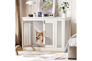 Irontar Dog Crate Furniture with Cushion, Double-Door Dog Crate for Small to Large Dogs, Wooden Dog Kennel Table, End Table Dog House Furniture, Dog Cage Indoor, White MGW001W