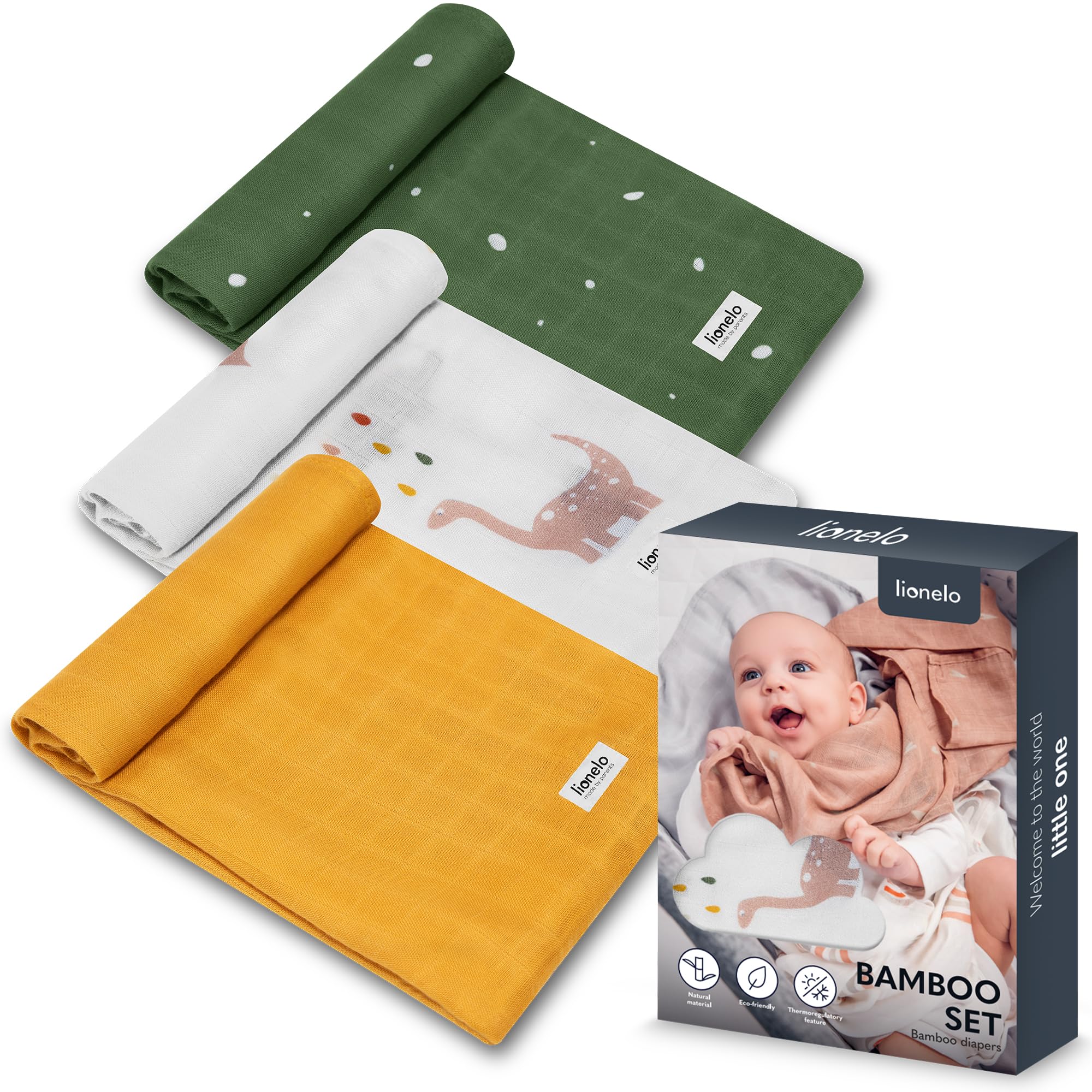 lionelo Bamboo Set 3 Swaddles Muslin Newborn Blankets 100% Natural Bamboo Cotton Size 70x70cm Pleasant to the touch, soft fabric, hypoallergenic, antibacterial, absorbs moisture and unpleasant odors