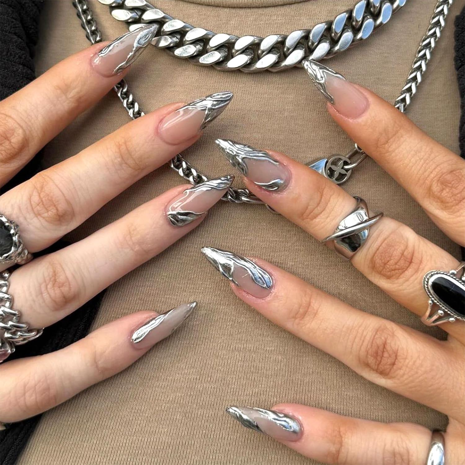 Photo 1 of Vopintpy 3D Silver French Press on Nails Medium Almond Fake Nails Irregular Pattern Design Glue on Nails Reusable Full Cover Stick on Nails for Women DIY Charm Manicure