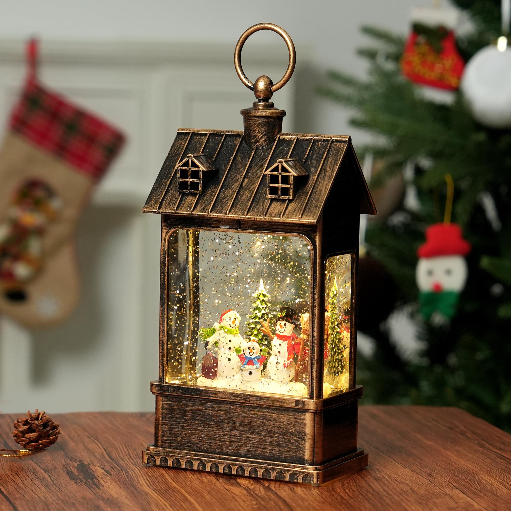 Photo 1 of Christmas Snow Globe Lantern Water Glittering Snowman Family with Music, USB Lined/Battery Operated Lighted Lantern for Christmas Festival Decoration Gifts