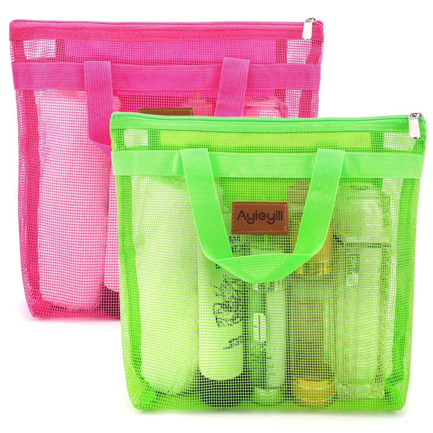 Photo 1 of 2 Pcs Shower Mesh Caddy Bag Quick Dry Hanging Toiletry and Bath Organizer for Travel and Swimming with Zipper (Roes-Green)