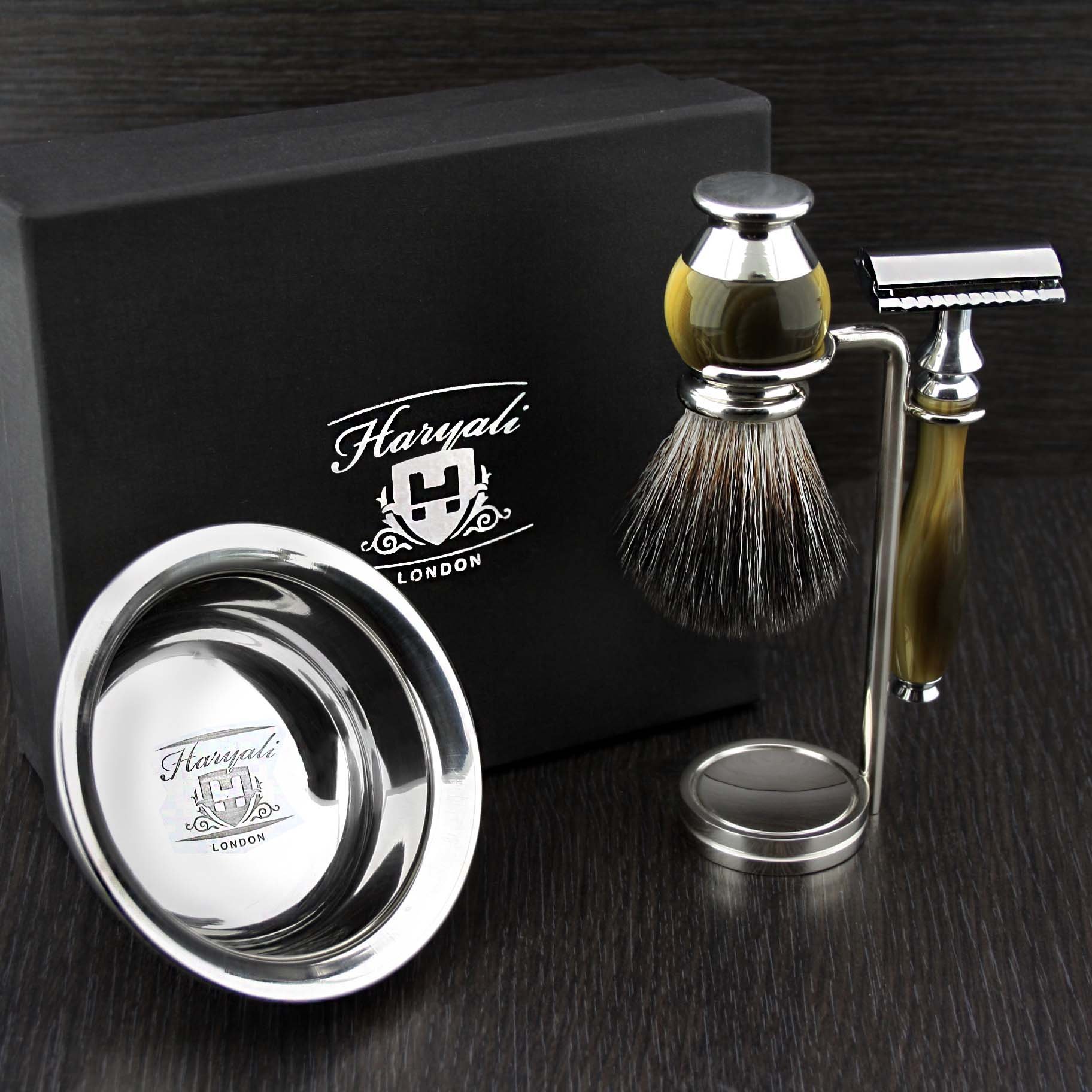 Haryali London, 4 Pcs Men’s Shaving Set with Double Edge Safety Razor, Hair Shaving Brush, Stainless Steel Shaving Bowl & Stand – Traditional Wet Shaving Kit for Men, Grooming Gift Set