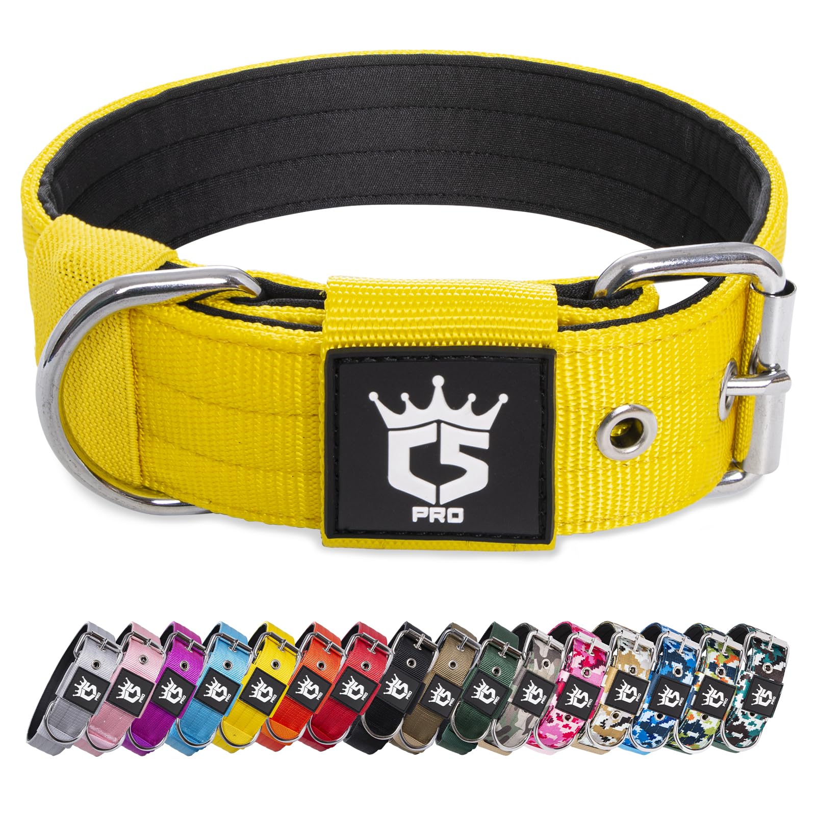 TSPRO Heavy Duty Tactical Dog Collar 1.5" Wide, Padded Dog Collar with Metal Buckle, Adjustable for Walking Training Outdoor for Medium Large Dogs (Yellow, L) — image 1