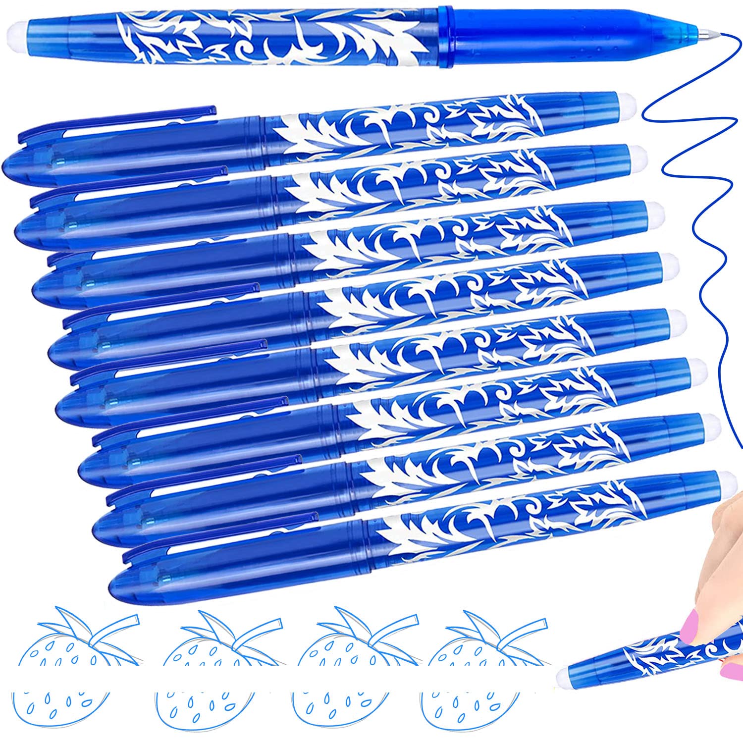 8 Erasable Pens Blue - Rub Out Pens Erasable Gel Pens with Rubbers on the End, Cool Friction Pen with Eraser, Ballpoint Writing Pen that Rub Out, Stationary Office Supplies School Gifts for Teacher