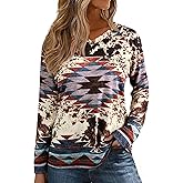 Western Cowgirl Shirts for Women Aztec Long Sleeve Shirt Boho Cow Graphic Tees Country Concert V Neck Loose Fit Tops