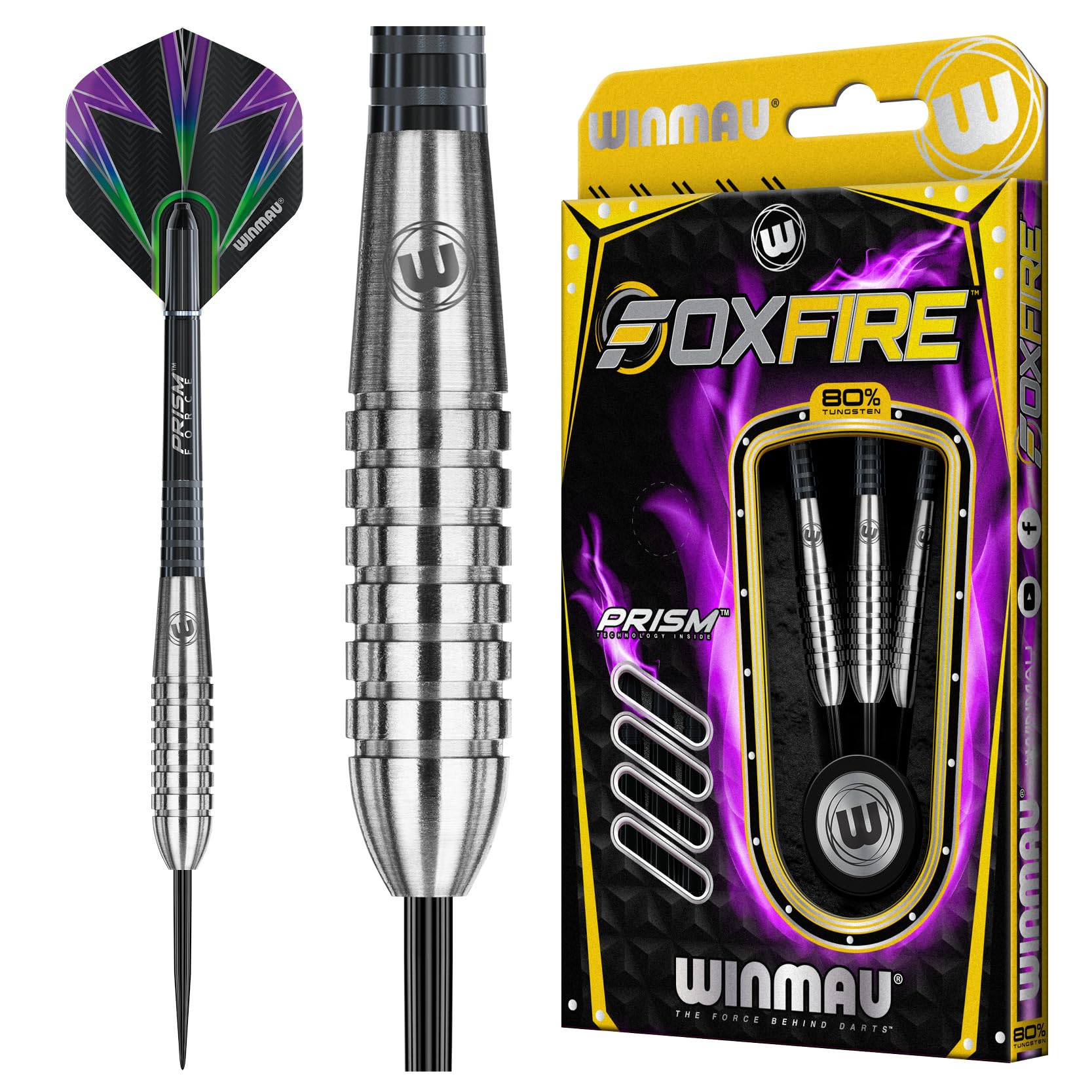 WINMAU Foxfire Tungsten Darts - Available 21, 22, 23, 24, 25, 26, 28 Grams with Prism Flights and Shafts (Stems)