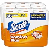 Scott ComfortPlus Toilet Paper, 36 Mega Rolls (2 Packs of 18), 425 Sheets per Roll, Septic-Safe, 1-Ply Toilet Tissue