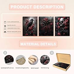 Gothic Canvas Wall Art Set of 3, Romantic Rose