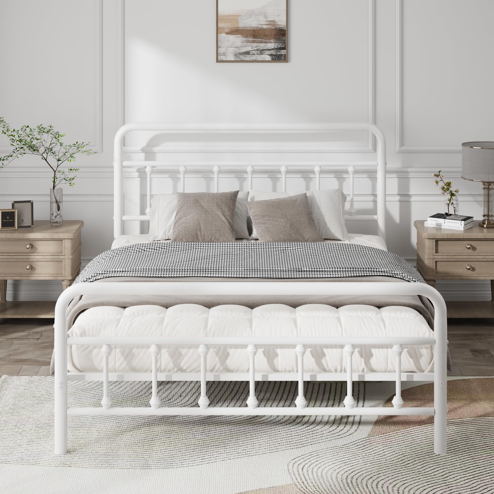 Photo 1 of OLALITA Queen Size Bed Frame with Headboard, Heavy Duty Metal Platform Frame, No Box Spring Needed, Black and White Queen Bed Frame with Headboard, Sturdy Steel Slat Support (White, Queen)