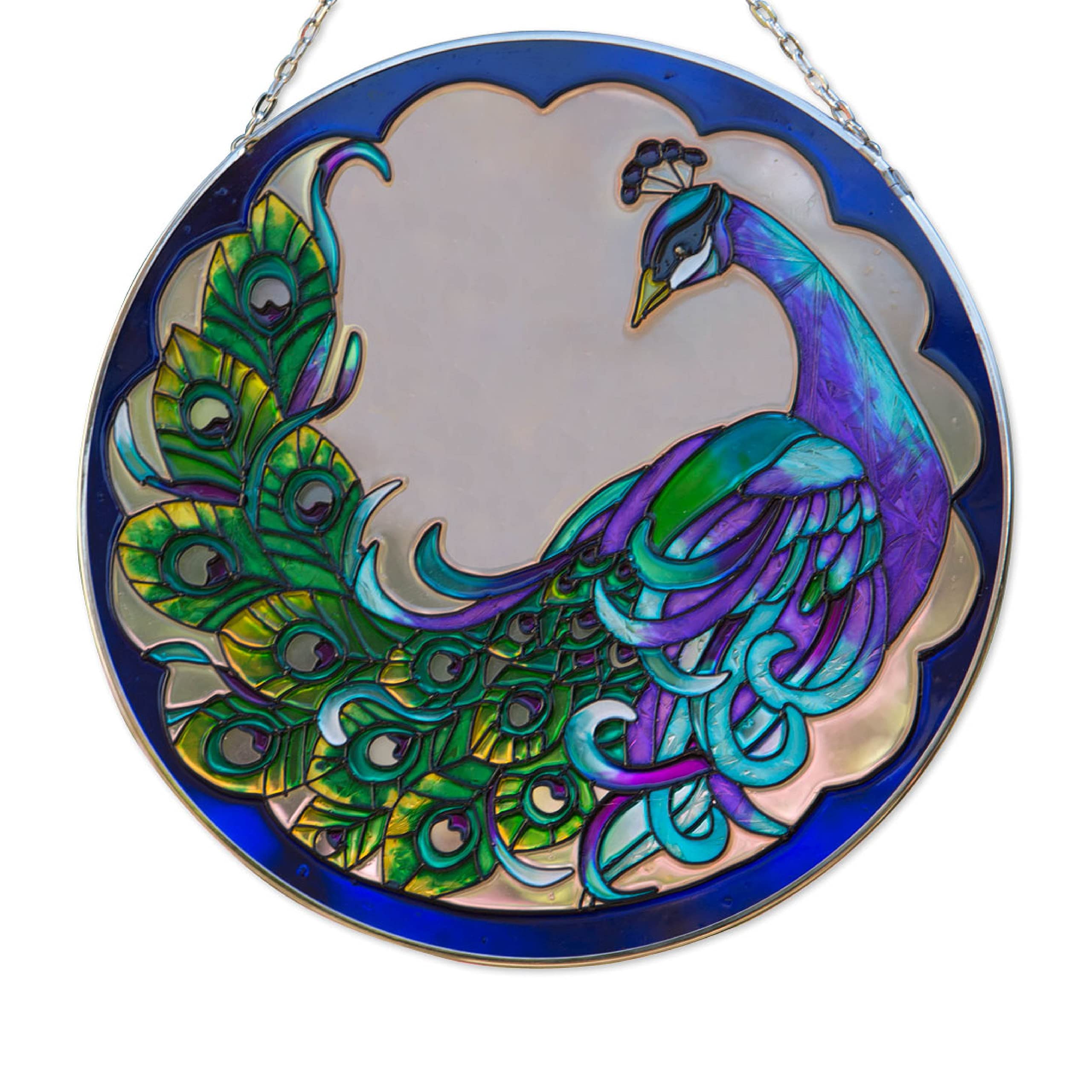 Bits and Pieces Peacock Art Glass Suncatcher - The majestic peacock is captured in an artistic suncatcher - A striking gift 25cm in diameter