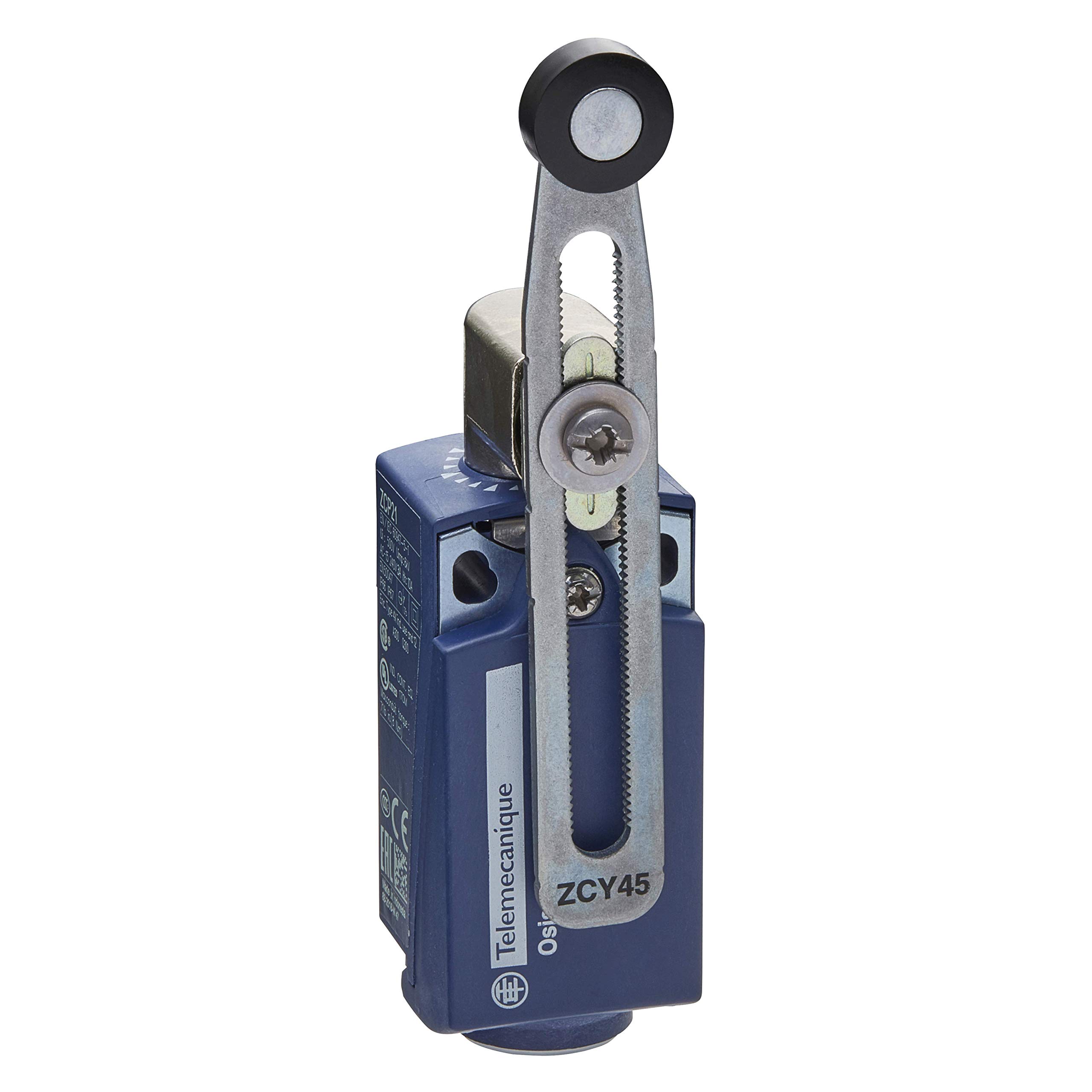 Telemecanique OsiSense XC - Fixed Limit Switch with Rotary Variable Length Thermoplastic Roller Lever, Spring Return,Double Pole,Plastic, 1NC + 1NO, 240…250V AC/DC,1 Entry for PG 11 Cable,XCKP2145G11