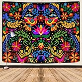 GOAOK Mexico Floral Tapestry, Colorful Mexico Flowers Bird Traditional Aesthetic Hippie Tapestries, Mexican Ornate Ethnic Pastel Plant Tapestry Wall Hanging for Bedroom Living Room 60