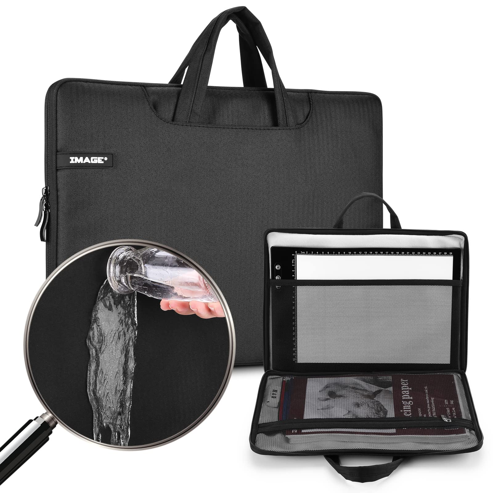 IMAGE Waterproof 14 Inch Light Box Travel Storage Case Pouch Cover with Pockets Protective Light Pad Case for A4 Tracing Light Pad (A4 Black)