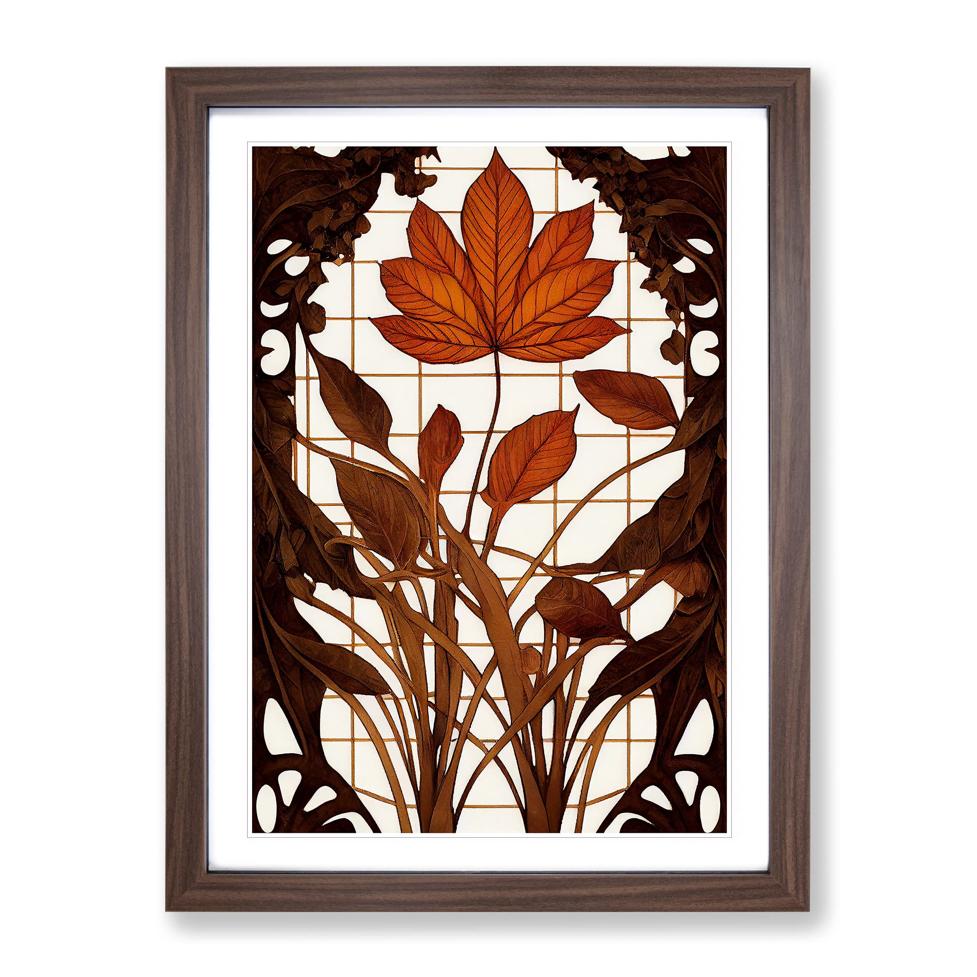 Art Nouveau Leaves Framed Print | A4 Walnut Framed Wall Art | Ready to Hang | Modern Floral Picture | Living Room Bedroom Lounge Office