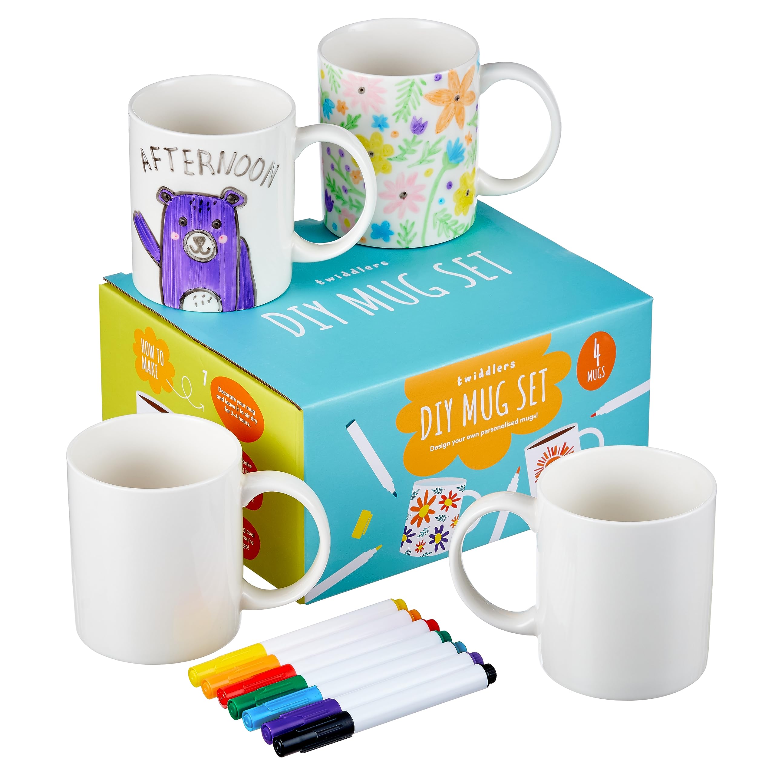 THE TWIDDLERS Decorate Your Own Mug Set, Paint with Colour Pens - 4 Mugs Arts & Crafts Pottery Kit for Kids and Adults, Personalised Birthday Day Gift for All